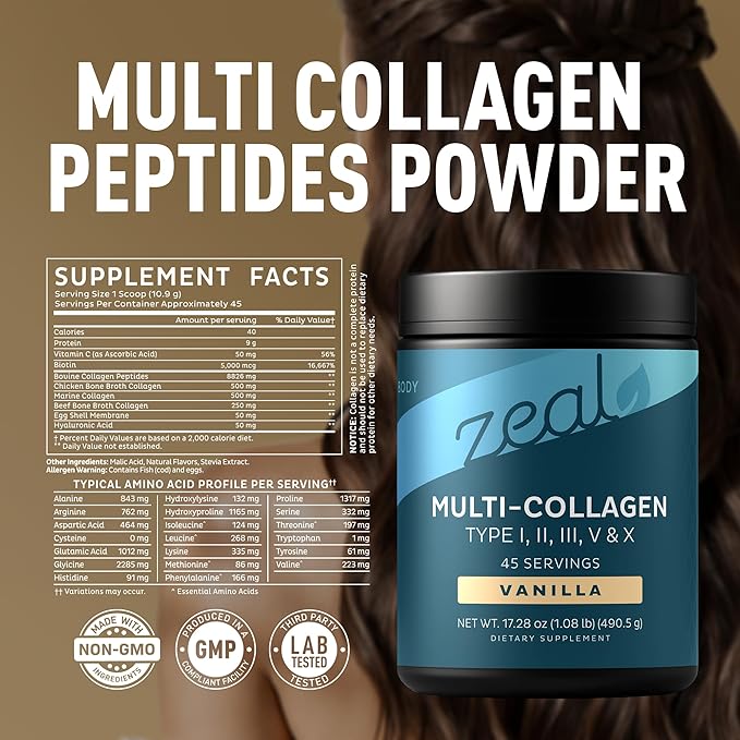 Zeal Naturals Multi Collagen Protein Peptides Powder Types I II III V X - Vitamin C Biotin &amp Hyaluronic Acid - Hair Skin &amp Nails - Marine Bovine Chicken &amp Eggshell - Vanilla 45 Servin