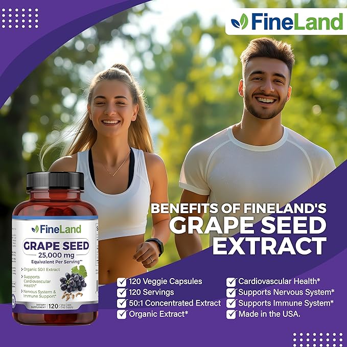 FineLand Grape Seed Extract 50:1 – 25000mg Equivalent per Capsule – 120 Vegan Capsules – Rich in Antioxidants | Heart Immune &amp Circulation Support – Non-GMO | Made in USA