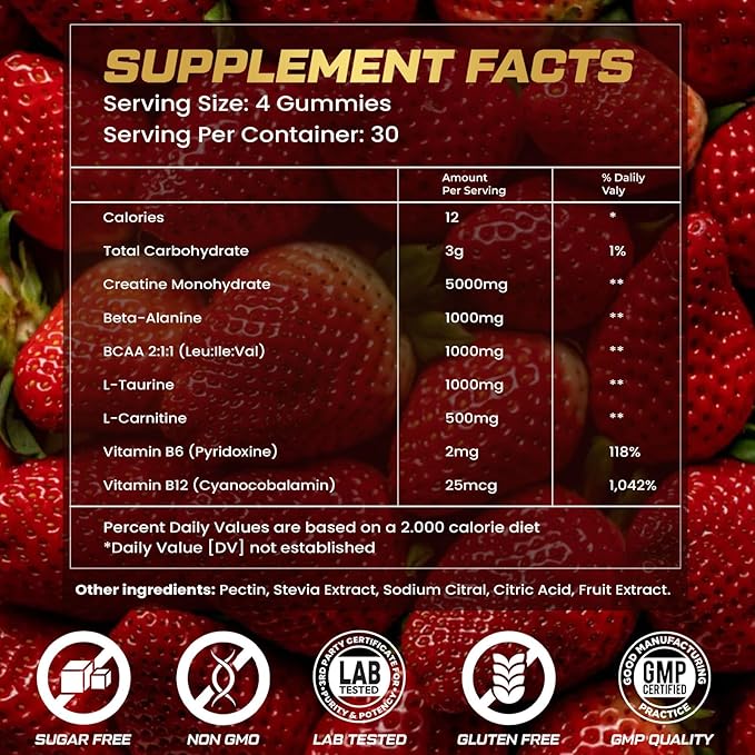 Creatine Monohydrate Gummies for Men &amp Women 9000MG Creatine Gummies Sugar Free with L-Taurine BCAA 2:1 B12 B6 for Boost Strength Focus &amp Endurance Vegan Non-GMO Strawberry 120*2 Bottle
