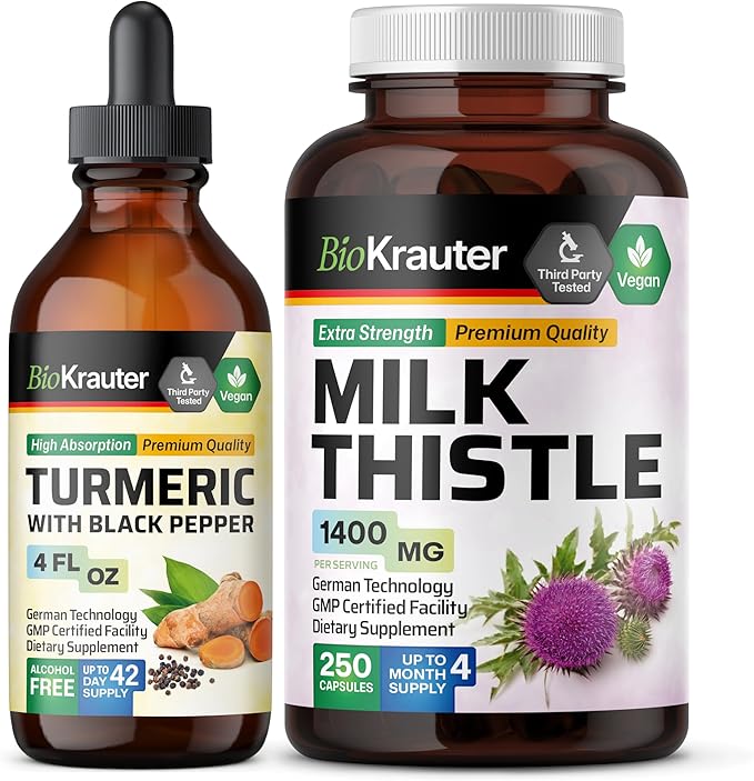 Turmeric with Black Pepper Tincture 4 Fl. Oz. &amp Milk Thistle 250 Capsules.