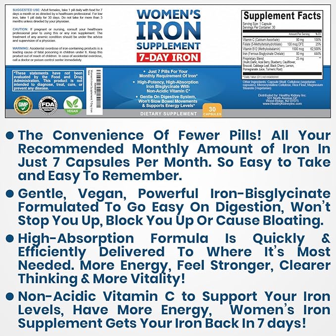 Women’s Iron Supplement Pills for Women Bis-Glycinate 80mg 7 Iron Pills for 30 Days’ Worth of No Stomach Binding Vegan Alkaline VIT C Iron Pill for Women 30 Capsules 3-Pack