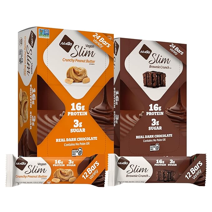 NuGo Slim 24ct Variety - Crunchy Peanut Butter 12 bars &amp Brownie Crunch 12 bars 16g Protein Keto Friendly Gluten Free 24 count