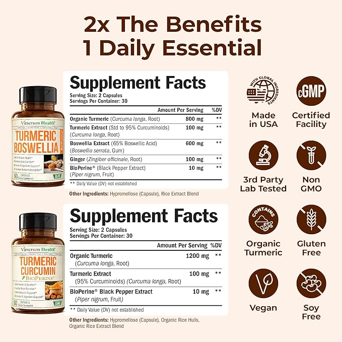 Turmeric Boswellia + Turmeric Curcumin Supplement Bundle – Organic Turmeric Ginger Root + Tumeric Extract (95% Curcuminoids) for Joint Support &amp Digestive Health - Pure Curcumin with Black Pepper