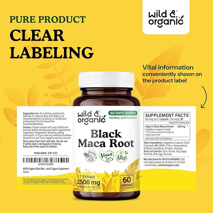 Wild &amp Organic Black Maca Root Capsules for Women &amp Men 500 mg - Maca Root Extract for Overall Support - 60 Vegan Capsules - Men &amp Women Supplement - 60 Days Supply - Non-GMO No Fillers