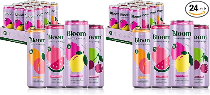 Bloom Nutrition Sparkling Energy Drink Variety Pack | Zero Sugar | 180mg Caffeine | Antioxidant-Rich | 24 Pack