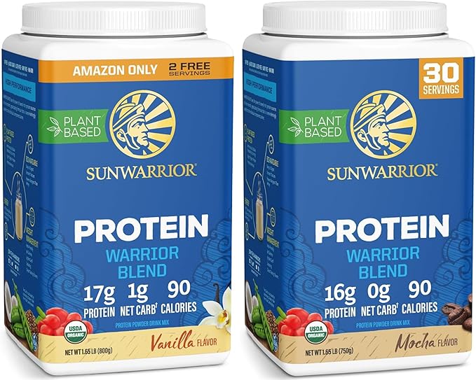 Sunwarrior Mocha &amp Vanilla Organic Plant Based Protein Powder Set | Bundle &amp Save | Vegan Organic Protein Powder | Non-GMO Soy Dairy Filler &amp Gluten Free (32 Servings Vanilla 30 Servings