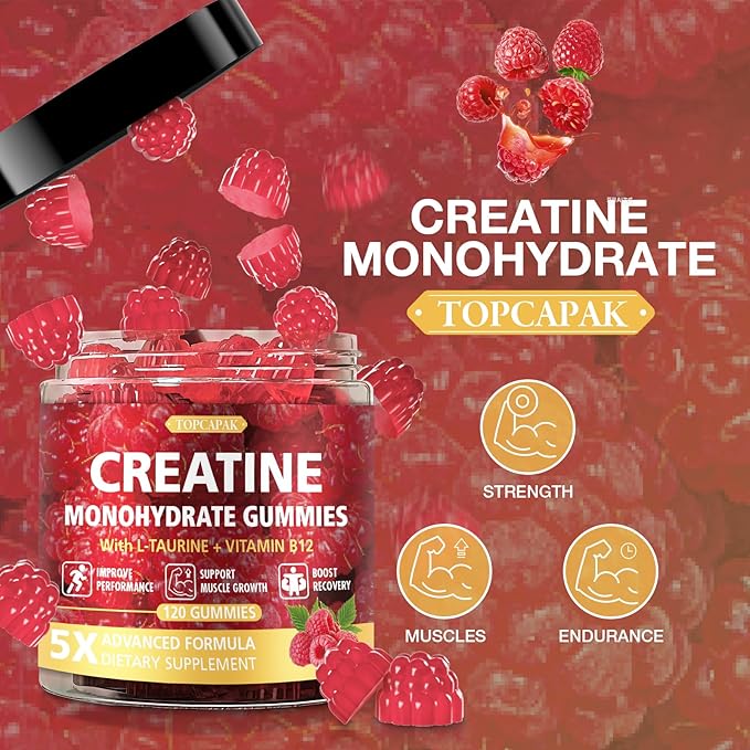 Creatine Gummies for Men &amp Women - Chewable Creatine Gummy with Taurine &amp Vitamin B12 5g Creatine Monohydrate per Serving 120 Gummies - Raspberry Flavor Raspberry-Shaped