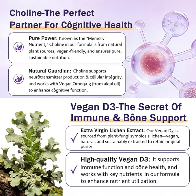 Vegan Omega-3 Gummies 900mg from Algae Oil - Fish Oil Alternative with DHA 500mg &amp EPA 200mg Vitamin B12 Folate &amp PS - Supports Brain Immune &amp Eye Health - Sugar-Free 120 Count