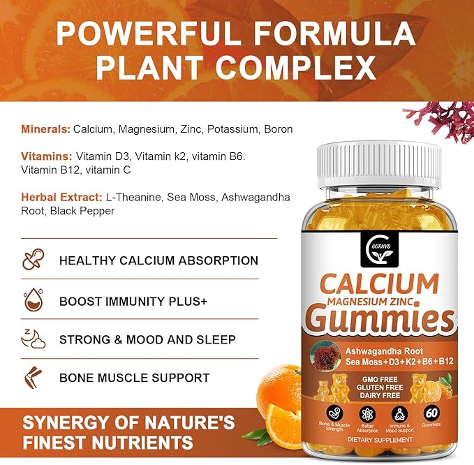 1200mg Calcium Gummies with Vitamin D3K2B12 &amp B6 - Plant Complex Calcium Magnesium Supplement with GlycinatePotassiumSea MossAshwagandha Root for Bone &amp Teeth Strength Muscle &amp Immun