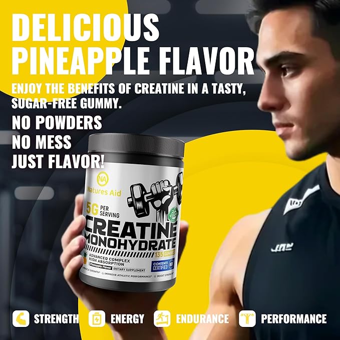 Natures Aid NSF Certified Creatine Gummy 5g - Creatine Monohydrate Gummies – Pre-Workout Energy &amp Muscle Growth Support for Men &amp Women | Pineapple Electrolyte Gummies (135 Count)