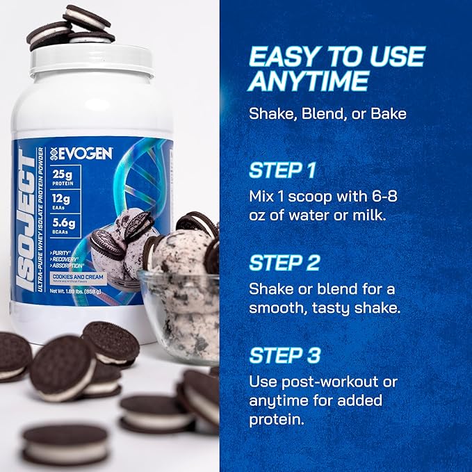 Evogen Isoject - Whey Protein Isolate | Ultra-Pure Whey Protein Powder with Ignitor Enzymes BCAAs and EAAs | Enhanced Absorption &amp Recovery | Cookies and Cream | 25 Servings