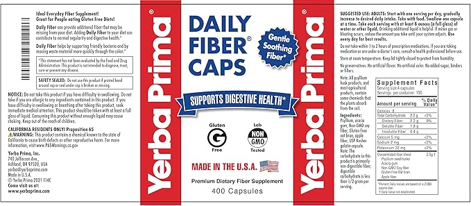 Yerba Prima Daily Fiber Caps Formula 400 Capsules - Both Soluble and Insoluble - with Psyllium Seed Husks Acacia Gum Apple Fiber and More - Dietary Supplement