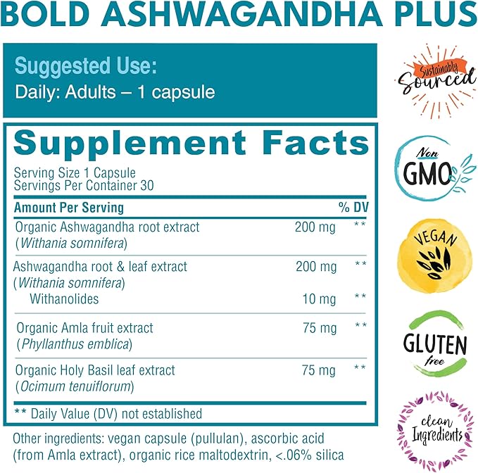 Bold Botanica Ashwagandha Plus – Ashwagandha Supplement for Women &amp Men – Stress Mood Memory &amp Energy Support – Triple Adaptogenic Formula with Amla &amp Holy Basil 1 Capsule Daily – 30 Ve