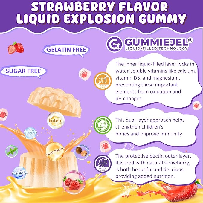 Sugar Free Kids Calcium Gummies (Ages 4-12) - 300mg Calcium Citrate w/Vitamin D3 K2 Magnesium - Algae DHA Lutein &amp Zeaxanthin for Strong Bones Eye &amp Brain Support - Gelatin Free - 60 Gummies