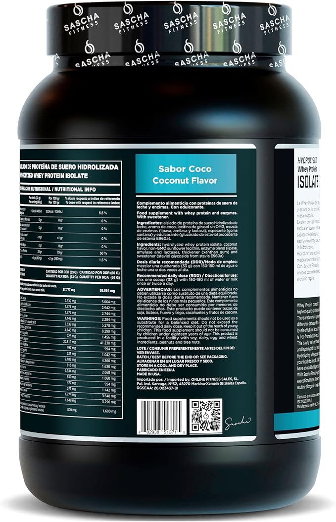 SASCHA FITNESS Hydrolyzed Whey Protein Isolate100% Grass-Fed (2 Pounds Coconut)