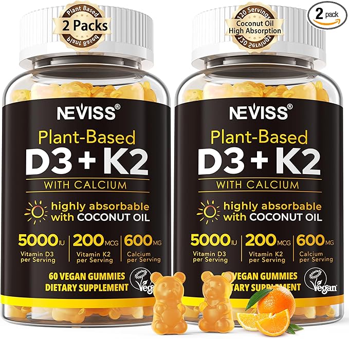 Vitamin D3 5000iu &amp K2( as MK7 ) 200mcg Gummies + 600mg Calcium with Coconut Oil for High Absorption Maximum Strength Vitamin D3 K2 Supplement - Support for Bones Muscle Teeth Immune Vegan 2Pac