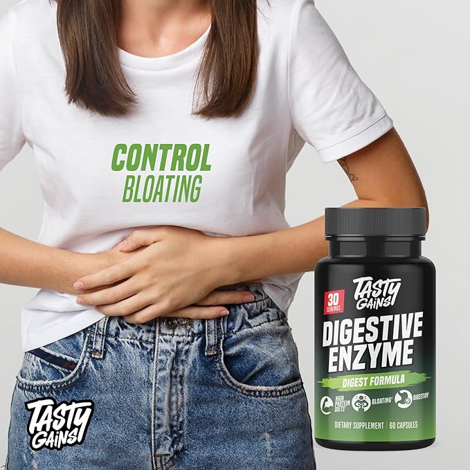 TASTY GAINS - Complete Digestive Enzymes Supplement for Gut Health - Bloating Relief for Men and Women - Enzymes for Digestion - Food Discomfort Relief &amp Debloat (60 Capsules)