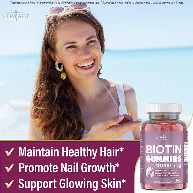 NEW AGE Biotin Gummies – Hair Skin &amp Nails Gummies – 10000 mcg - Non-GMO Supplement for Women Men - Made in USA -120 Count
