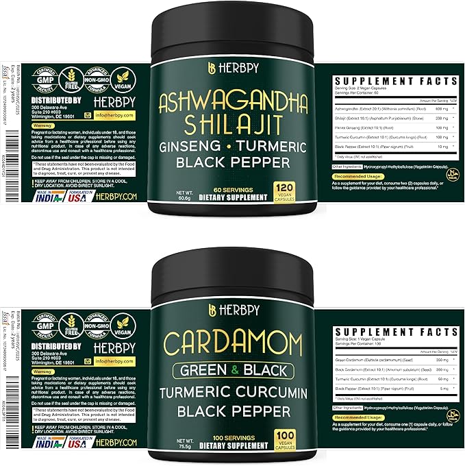 Bundle 5in1 Ashwagandha Shilajit 120 Count &amp 4in1 Cardamom Capsules 100 Count