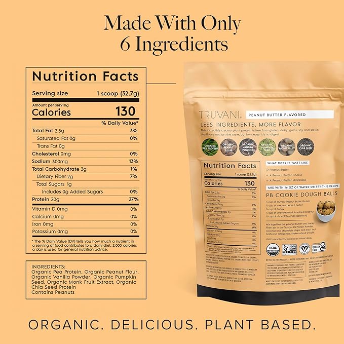 Truvani Vegan Pea Protein Powder | Peanut Butter | 20g Organic Plant Based Protein | 20 Servings | Keto | Gluten &amp Dairy Free | Low Carb | No Added Sugar