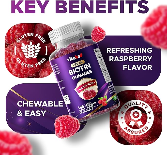 Biotin Gummies 10000 mcg – 180 Vegan Gummies Hair Skin &amp Nails Support for Women Men &amp Kids – Non-GMO Gluten-Free Delicious Flavor