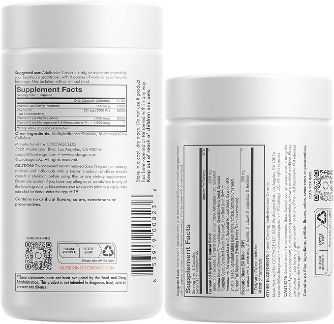 Codeage Daily ADK Vitamin &amp Probiotic Bundle – Vitamin A Retinyl Palmitate Vitamin D3 Cholecalciferol Vitamin K 50 Billion CFU SBO Probiotic Blend Non-GMO