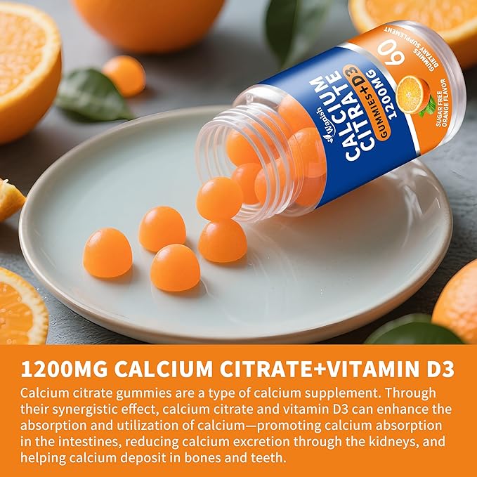(2 Pack)Calcium Citrate 1200mg with Vitamin D3 Gummies for women &amp MenCalcium Citrate Supplements for Bone &amp Teeth SupportHigh Absorption-Easy to Digest Sugar FreeVeganOrange Flavor60 Da