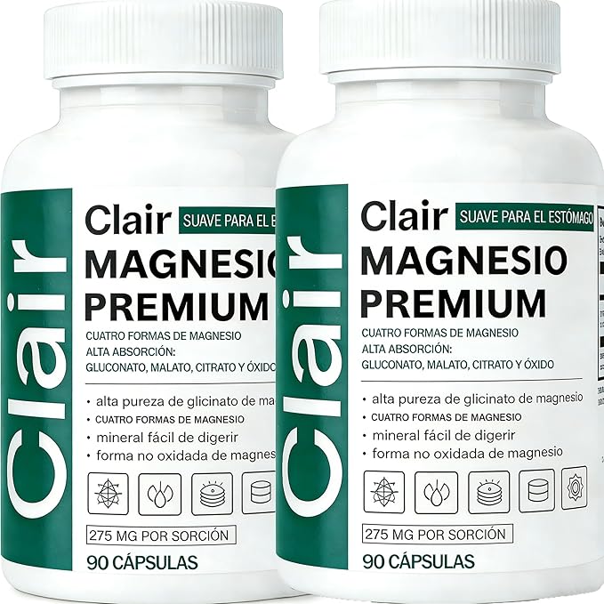Clair Magnesio PremiumClair MagnesioNon-GMO IngredientsFree from Gluten and Soy. Vegan-Friendly90 Capsules (2pcs)