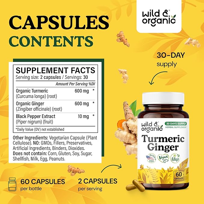 Wild &amp Organic Turmeric and Ginger Supplement Capsules - Mobility &amp Immune Support - Ginger and Turmeric Supplements with Black Pepper - 30 Days of Supply - Vegan No Fillers Non-GMO - 60 Cou
