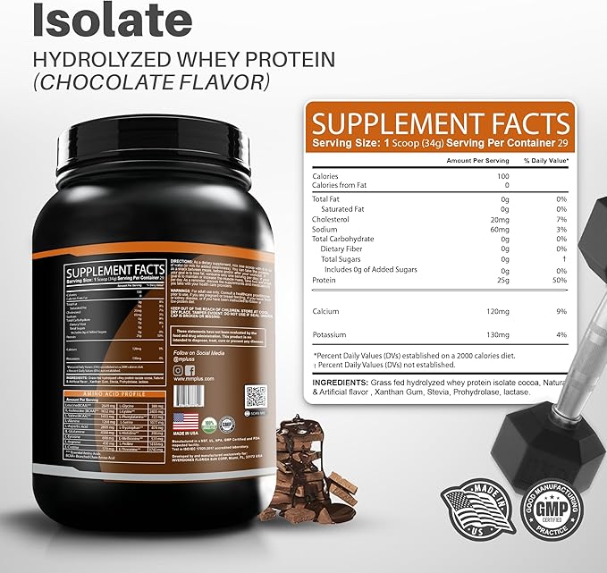 M+S Hydrolyzed Whey Protein Isolate – 25g Protein Low Carb 0g Sugar Grass Fed Whey Isolate Powder with Stevia - Chocolate Flavor - 2.05 lb
