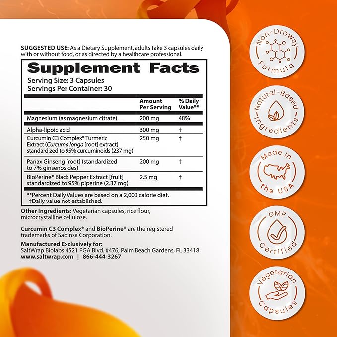 SaltWrap Mag 3D – Daytime (Non-Drowsy) Leg Cramp &amp Muscle Relief Support - Natural Supplement for Muscle and Nerve Health with Turmeric Alpha Lipoic Acid &amp Magnesium