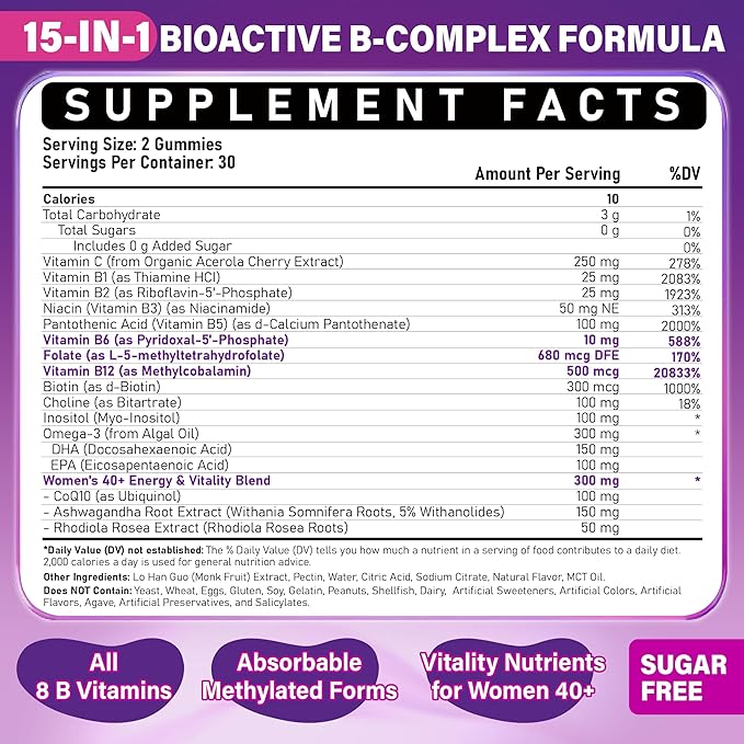 Methylated B Complex Vitamins Gummies for Women 40 Plus - B-Complex Vitamins B6 B1 B2 B3 B5 Methyl B12 Methylfolate Biotin with Vitamin C Omega-3 CoQ10 &amp Ashwagandha - Sugar-Free Vegan Non-