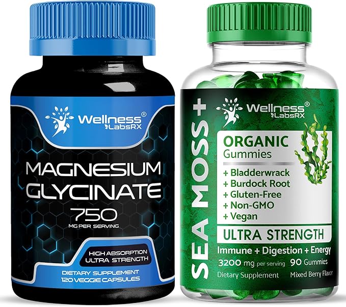 WELLNESS LABSRX Magnesium Glycinate Capsules 750mg - Sea Moss Gummies 3200mg | Bundle