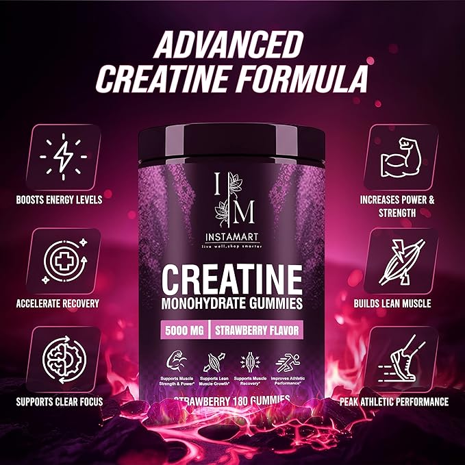 INSTAMART Creatine Gummies for Women &amp Men (180 Count) – Sugar Free Pure Creatine Monohydrate 5000mg Non-GMO Vegan &amp Strawberry Flavored Chews for Muscle Growth Strength Energy &amp Faste