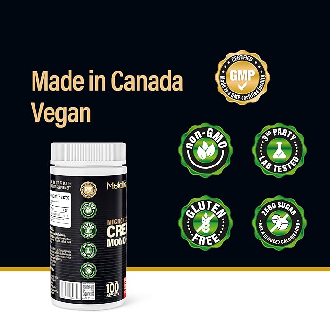 100% Pure Creatine Monohydrate Powder Canada-Made 500 g (100 Servings) Micronized Powder Muscle Growth Unflavored Ideal for Athletes &amp Fitness Enthusiasts Third Party lab Tested Vegan