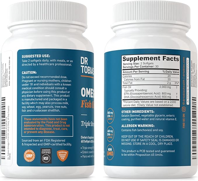 Dr. Tobias Omega 3 Fish Oil &amp Blood Pressure Support Supplements for Heart Brain Immune Circulatory Health with Vitamin C B6 B12 Niacin Folate &amp Herbs