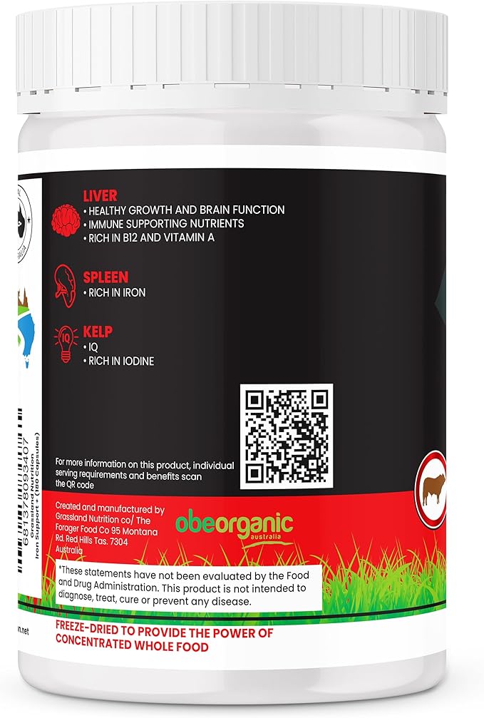 GRASSLAND NUTRITION 100% Organic Australian: Iron Support Beef Organ Blend and Spleen - High in Iron B12 Iodine (180 Capsules)
