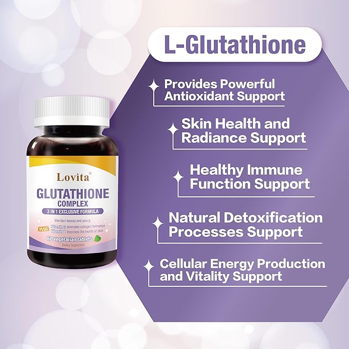 Lovita Glutathione Complex 500mg for Radiant Skin &amp Immunity Support | 99.8% Purity with Vitamin C Selenium &amp E Vegan Non-GMO Gluten-Free 180 Vegetarian Tablets (Pack of 3)