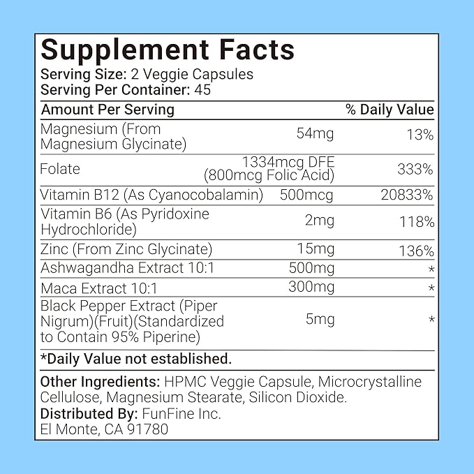 8-in-1 Ashwagandha Supplements with B12 B6 Magnesium Maca Zinc Folate Cortisol Supplements for Women and Men Supports Stress Relief Sleep Energy Focus(90 Capsules)