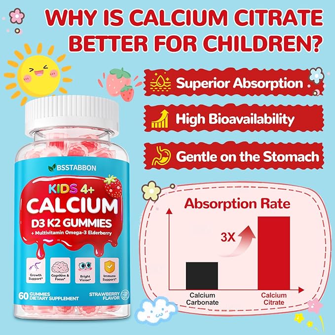 Kids Calcium Gummies with Vitamin D3: Sugar Free Chewable Calcium Citrate for Kids Plus Organic Vitamin D3 K2 Magnesium Zinc Lysine Omega3 - Easy to Digest High Absorption Non-GMO(60Count)