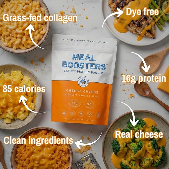 Meal Boosters Savory Protein Powder Supplement | 15–20g Complete Protein Meal Enhancer for Cooking &amp Prep | Collagen Peptides for Gut Joint &amp Support | Keto Friendly Gluten Free (Cheesy Chee