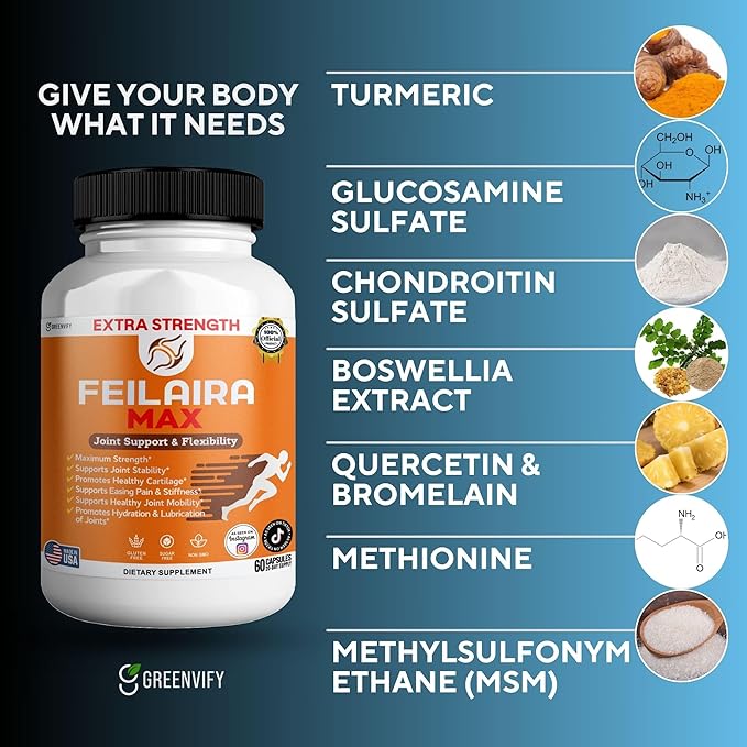 Feilaira Max Extra Strength Joint Support Supplement 1500mg Glucosamine 60 Capsules 20 Day Supply (3)