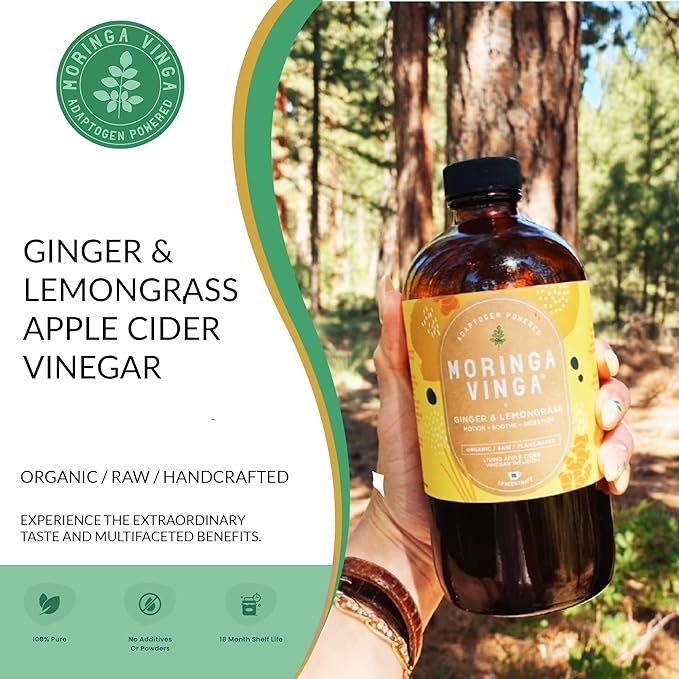 Organic Ginger &amp Lemongrass Moringa Infusion – Daily Herbal Tonic with Apple Cider Vinegar Honey | Supports Motion Digestion &amp Relaxation | Non-GMO 16 oz
