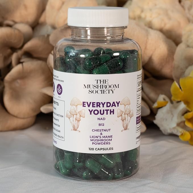Everyday Youth - Anti-Aging Supplement - Brain &amp Cellular Energy Formula – Lion’s Mane Chestnut NAD B12 + Beta-Glucans - 120 Vegan Capsules
