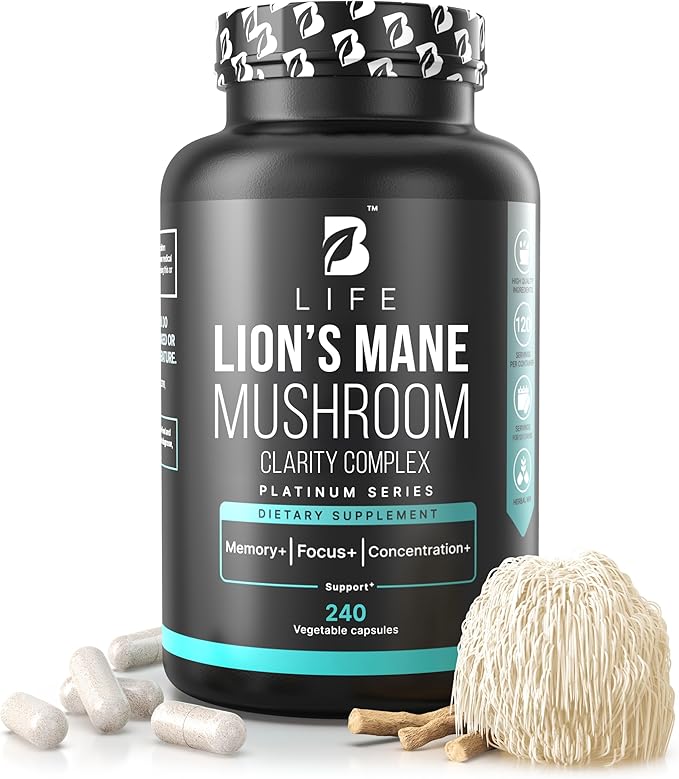 Lion’s Mane Mushroom Capsules – Memory Focus &amp Clarity – Nootropic Brain Supplement with Ashwagandha Thiamin (B1) Magnesium L-Threonate – Cognitive and Brain Support for Mental Energy 240 Caps