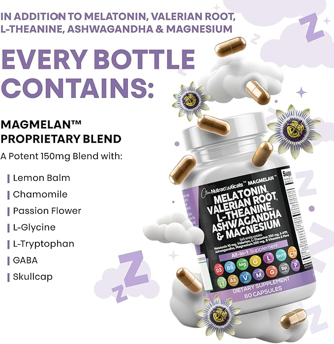 Clean Nutraceuticals Melatonin 10mg Valerian Root L Theanine 200mg Ashwagandha - Sleep Support for Women &amp Men with Magnesium Complex Lemon Balm Chamomile &amp Passion Flower - 60 Caps (Pack o