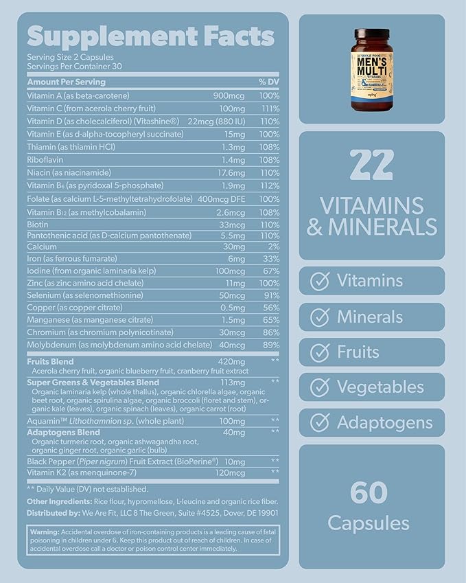 Multivitamin for Men - Daily Men’s Multivitamin - Methylated B Complex with Whole Food Ingredients Vitamin B12 Folate A C D3 E K2 Organic Fruits &amp Vegetables - Vegan Non-GMO - 60 Caps