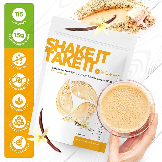 WellnessPro Womens Meal Replacement Shake - 15 Servings 15g Protein Vanilla Flavor Shake &amp Smoothie Powder with Vitamins &amp Minerals for Women Keto Friendly Gluten Free