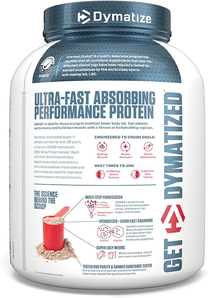 Dymatize ISO100 Whey Protein Powder Isolate Fudge Brownie 25g of Protein 5 Pound 5.5g BCAAs Less Than 120 Cal. Gluten Free 1g Fat 1g Sugar 2g Carb (70 Servings)