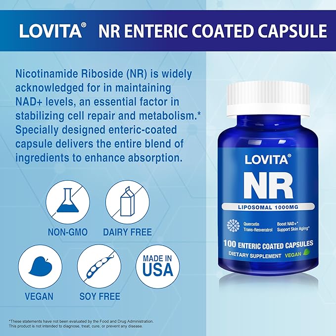 LOVITA Liposomal NR (Nicotinamide Riboside) 1000 mg with Quercetin &amp Trans-Resveratrol Support Cellular Health and Healthy Aging 100 Vegan Enteric-Coated Capsules
